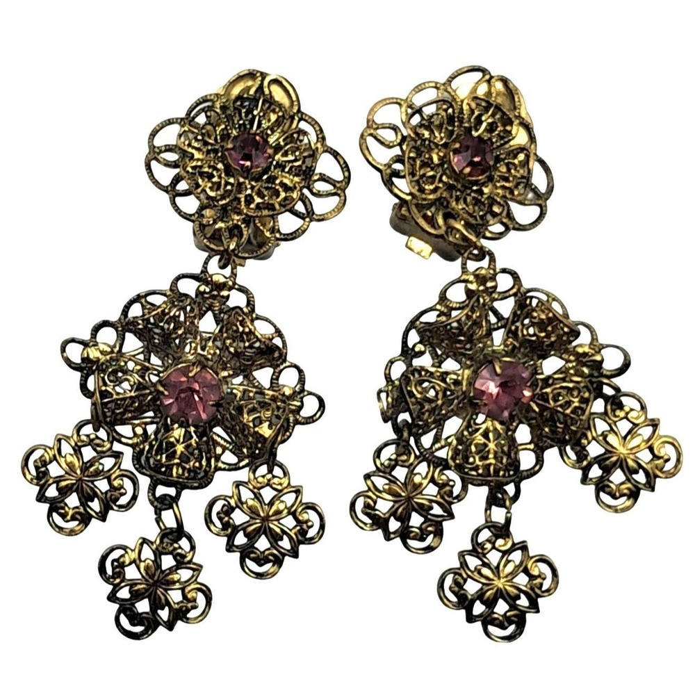 Long Dangling‎ Earrings Czech Germany Purple Rhinestones Vintage Costume Jewelry